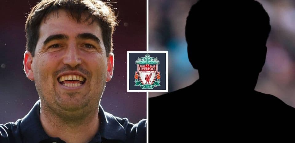 Coach smiling beside Liverpool FC logo and silhouette