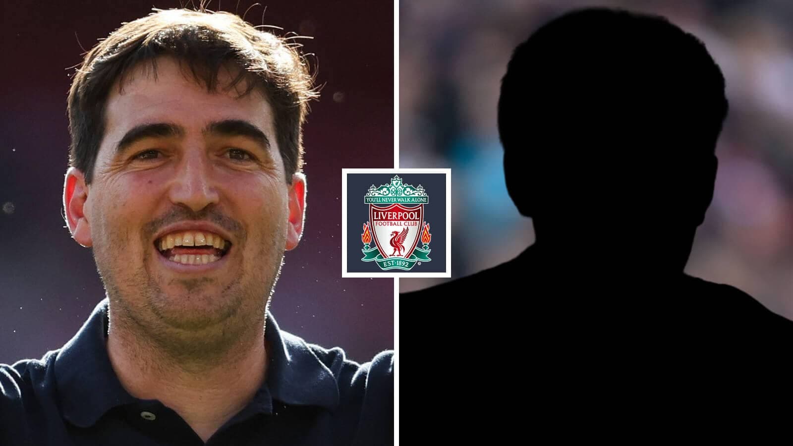 Coach smiling beside Liverpool FC logo and silhouette