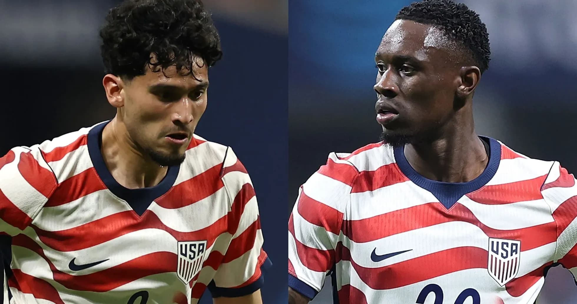 Two USMNT players in striped jerseys during match