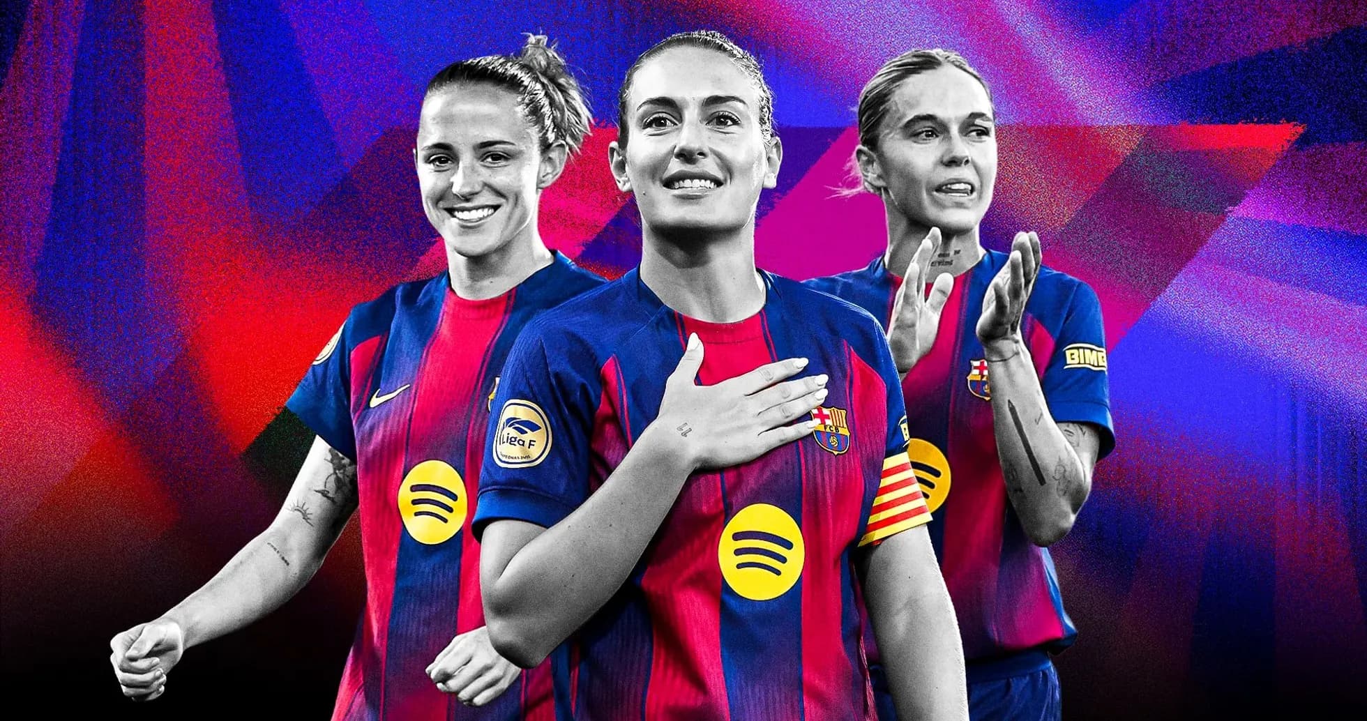 Three FC Barcelona female players celebrating together