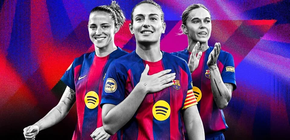 Three FC Barcelona female players celebrating together