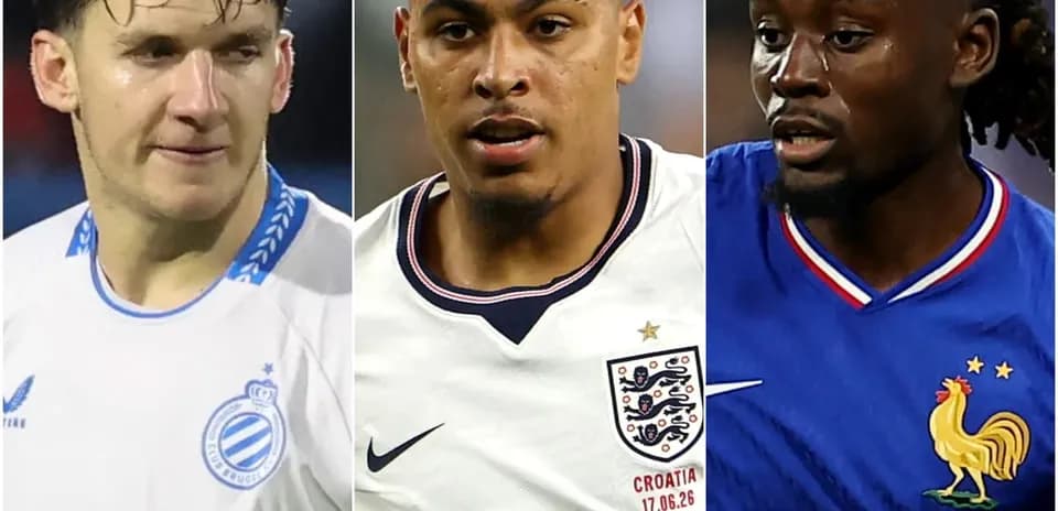 Three soccer players in their national team jerseys