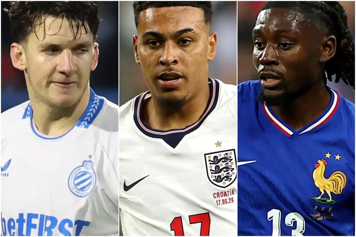 Three soccer players in their national team jerseys