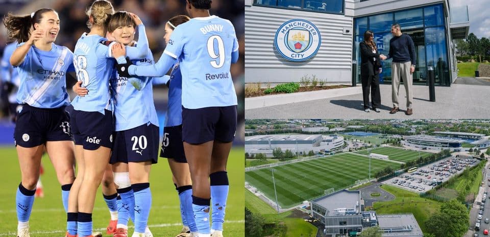 Manchester City women's team celebrating a goal