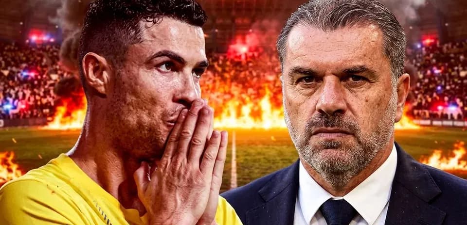 Cristiano Ronaldo and coach in fiery stadium background