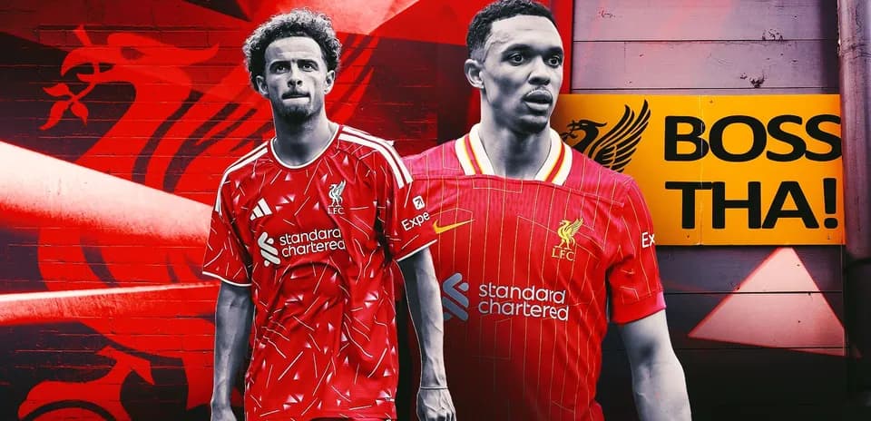Two Liverpool players in home kits against red backdrop