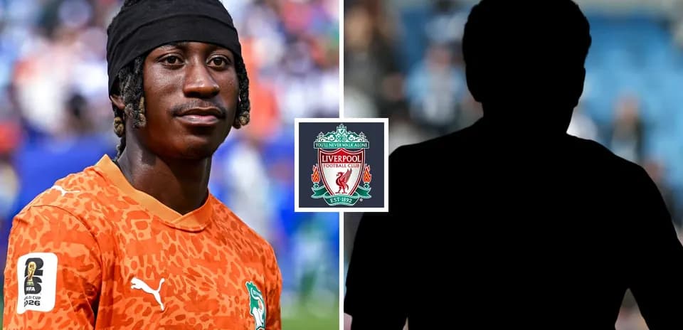 Goalkeeper in orange kit with Liverpool logo backdrop
