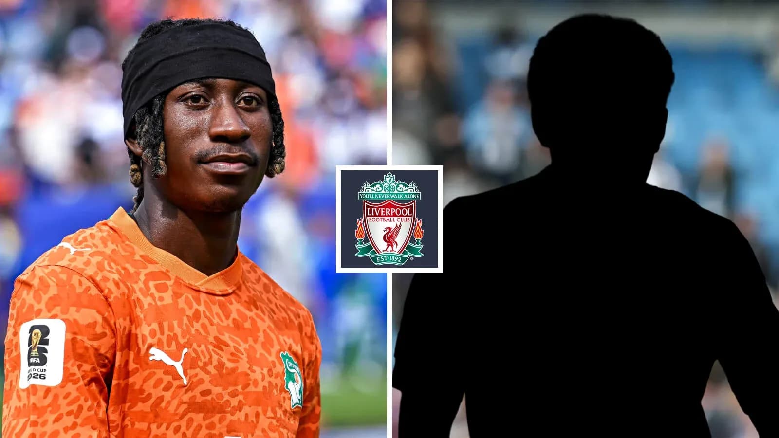 Goalkeeper in orange kit with Liverpool logo backdrop