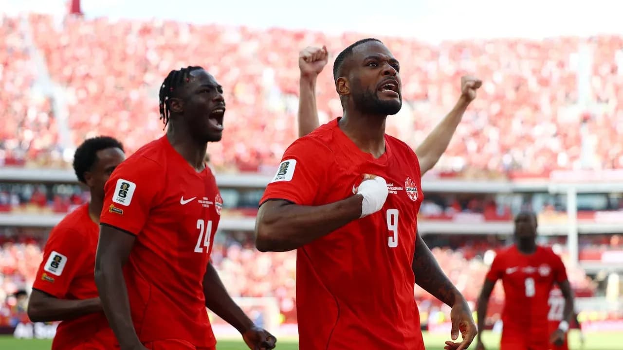 Canadian players celebrating a goal during match