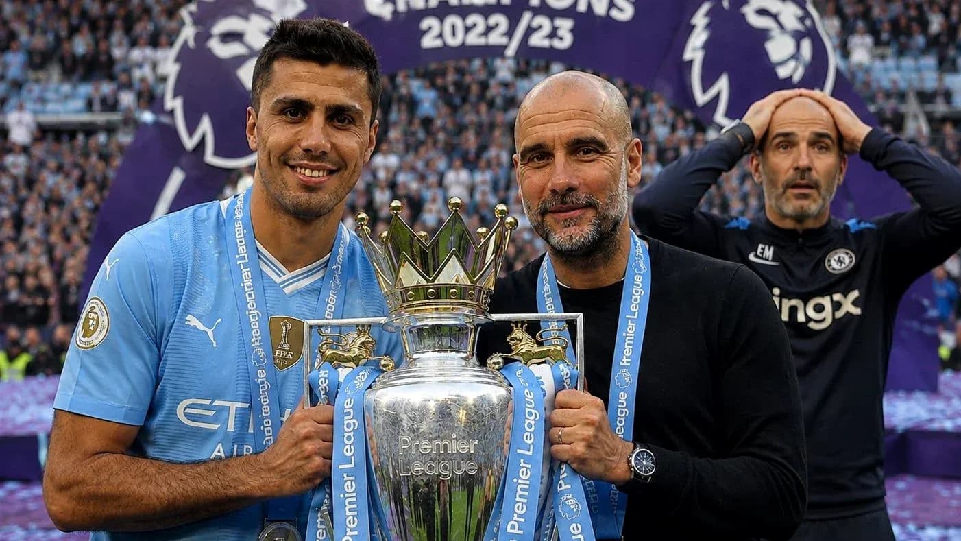 Rodri and Guardiola celebrating Premier League trophy