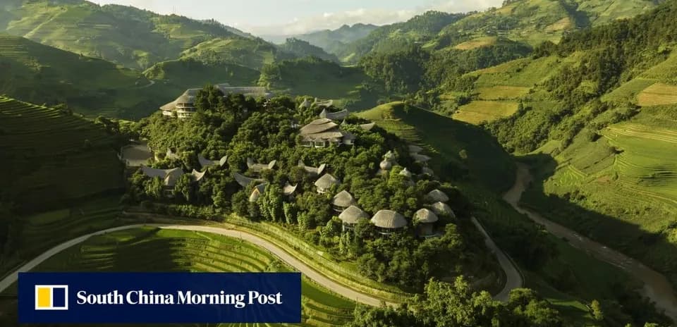 Aerial view of terraced fields and village