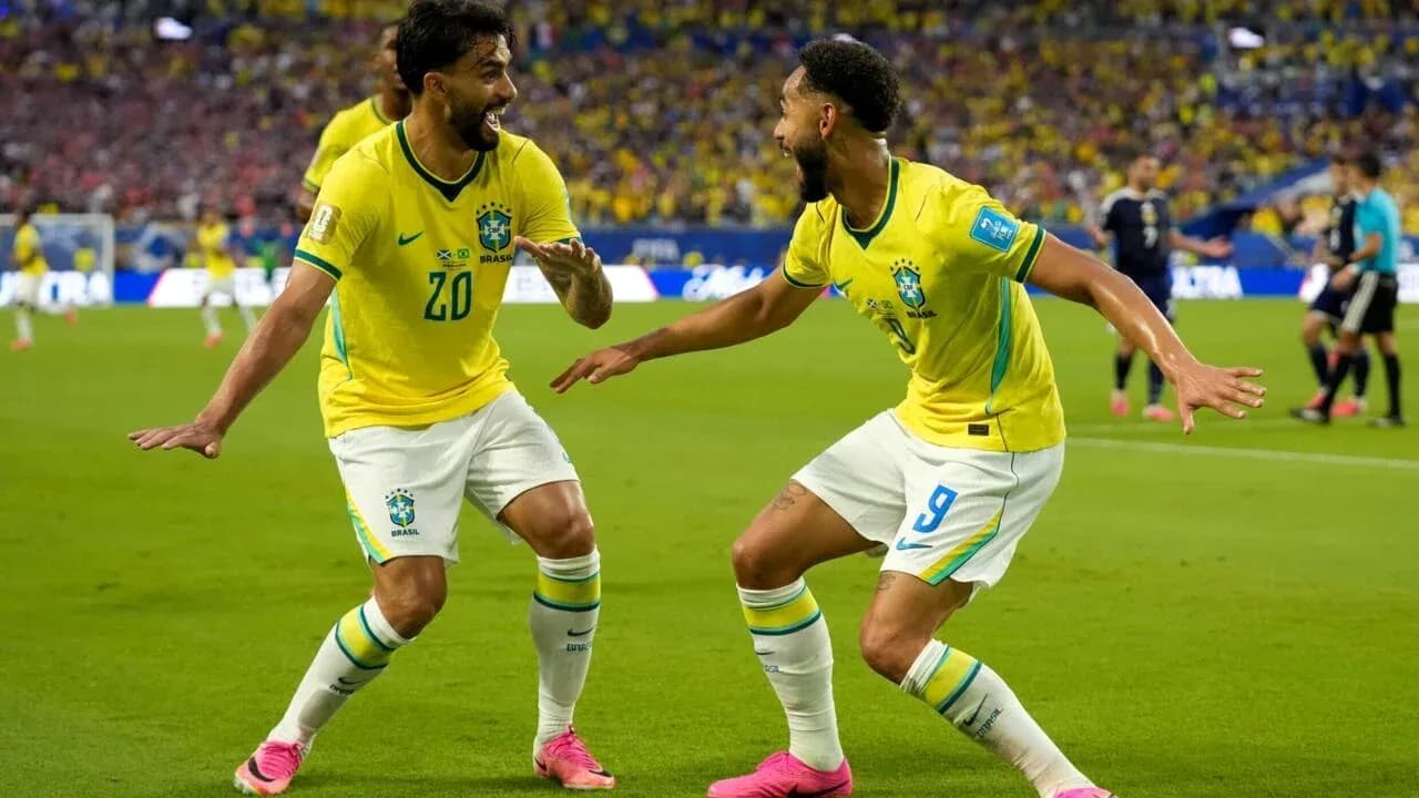 Brazilian players celebrating a goal during match