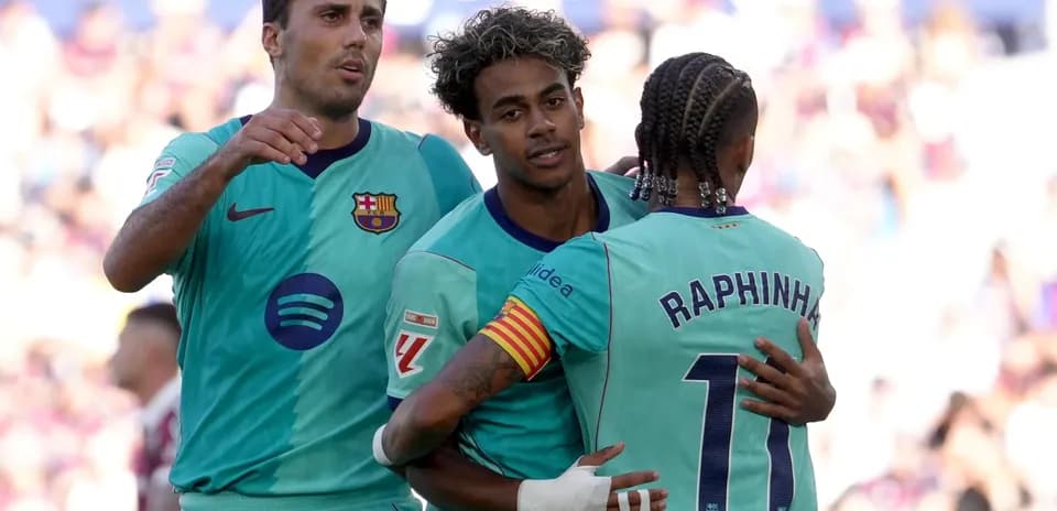 Barcelona players celebrating during La Liga match