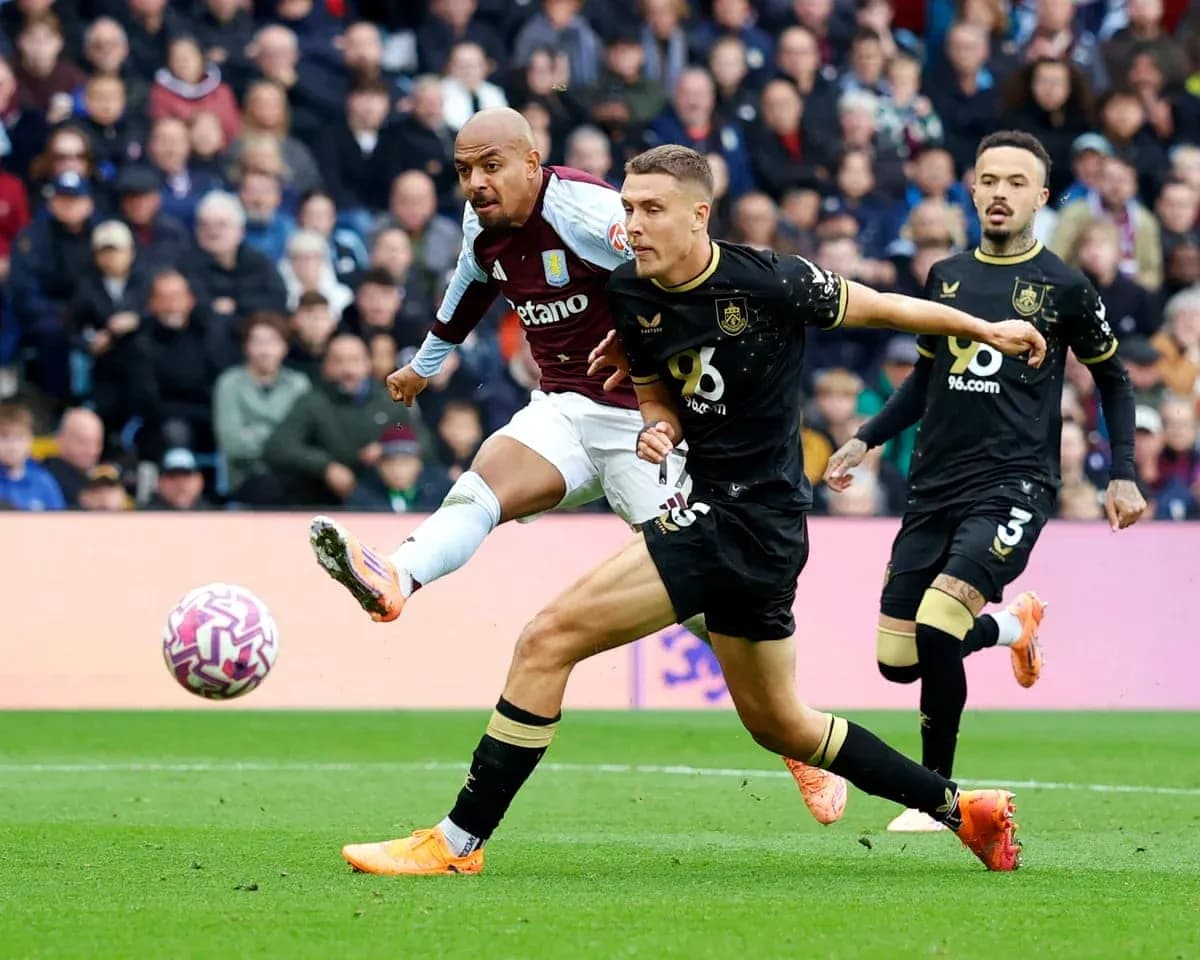 Aston Villa player striking the ball against Burnley