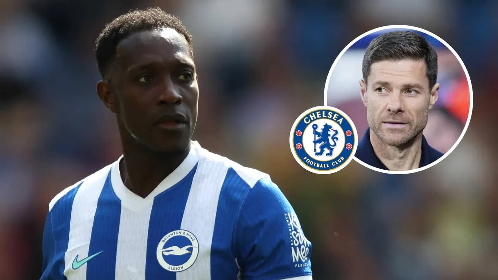 Brighton player with Chelsea logo and coach image