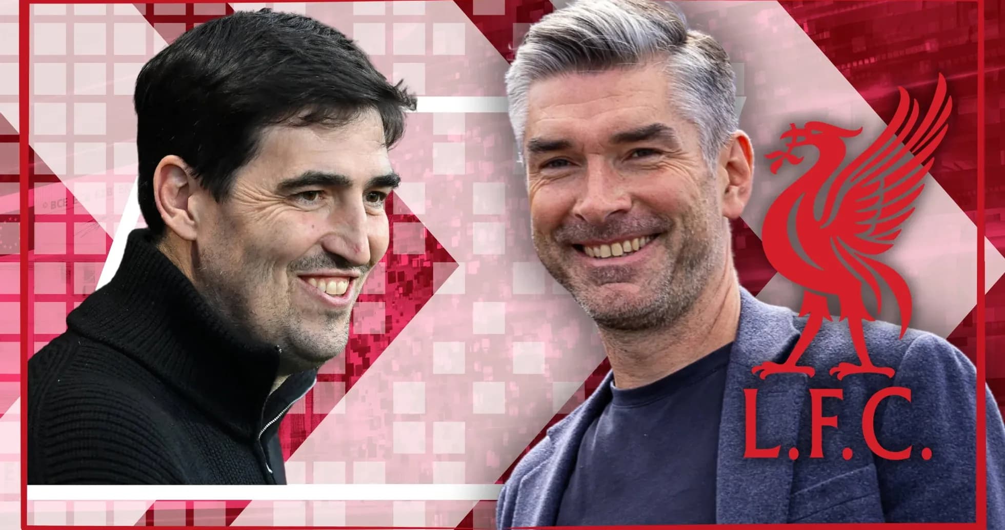 Two football coaches smiling against a graphic background