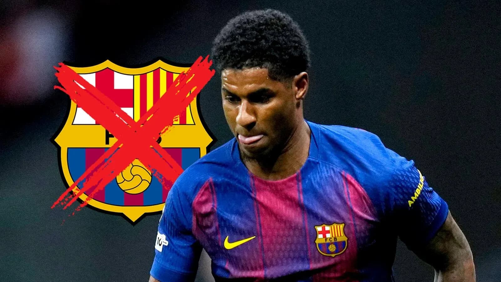 Player in FC Barcelona jersey with logo crossed out