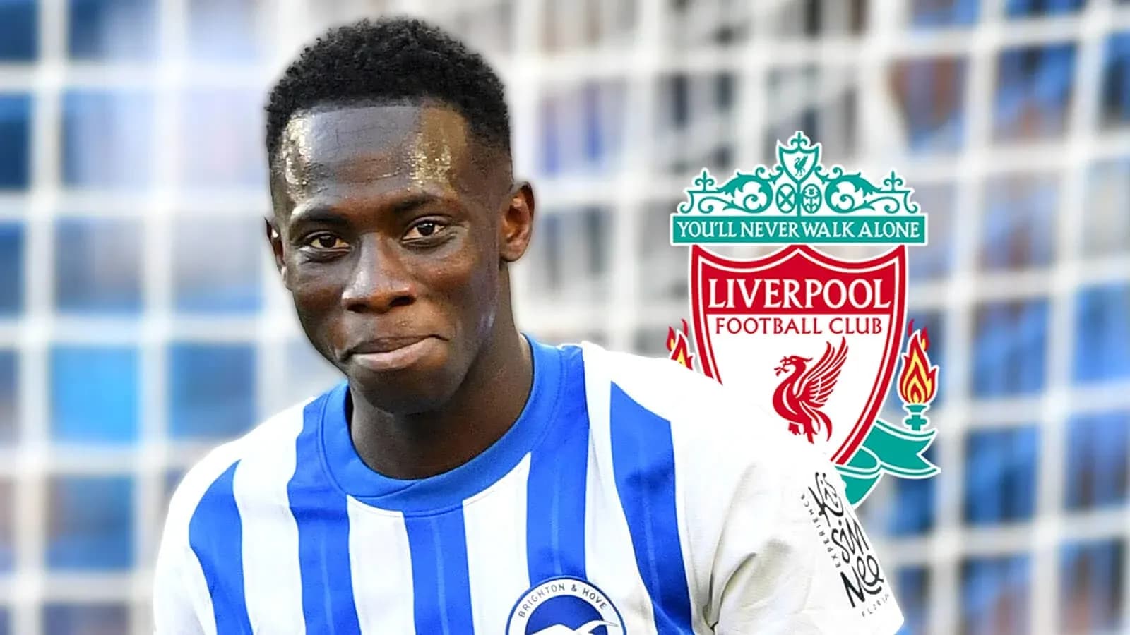 Player in Brighton kit with Liverpool logo background