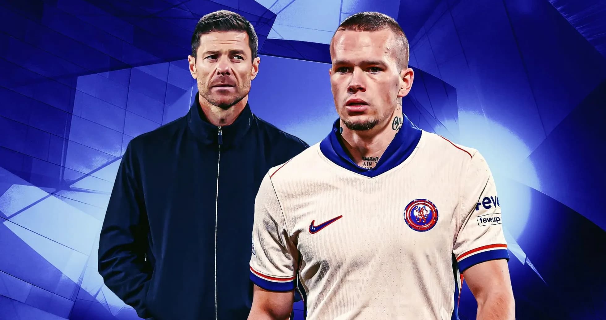 Coach and player in team jerseys on abstract background