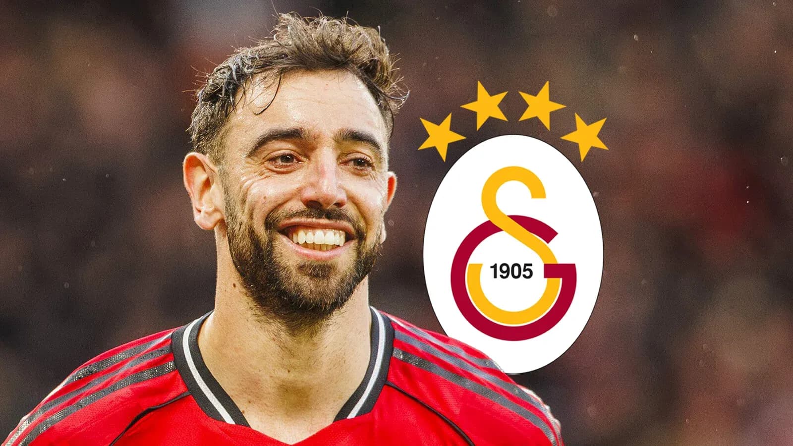 Bruno Fernandes smiling with Galatasaray logo background