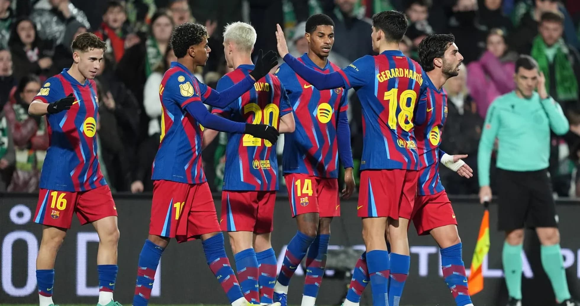 Barcelona players celebrating a goal during match