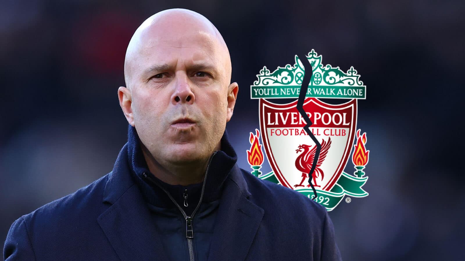 Person in front of Liverpool FC logo