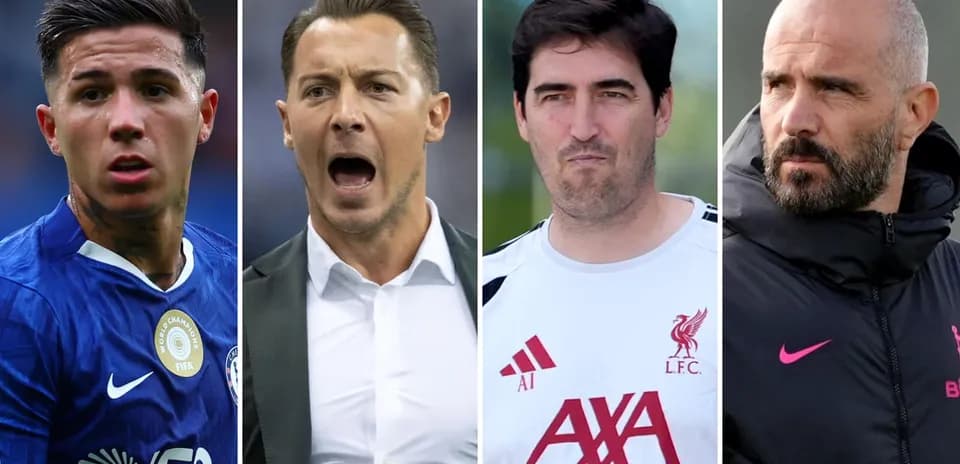 Four football figures, one player and three coaches