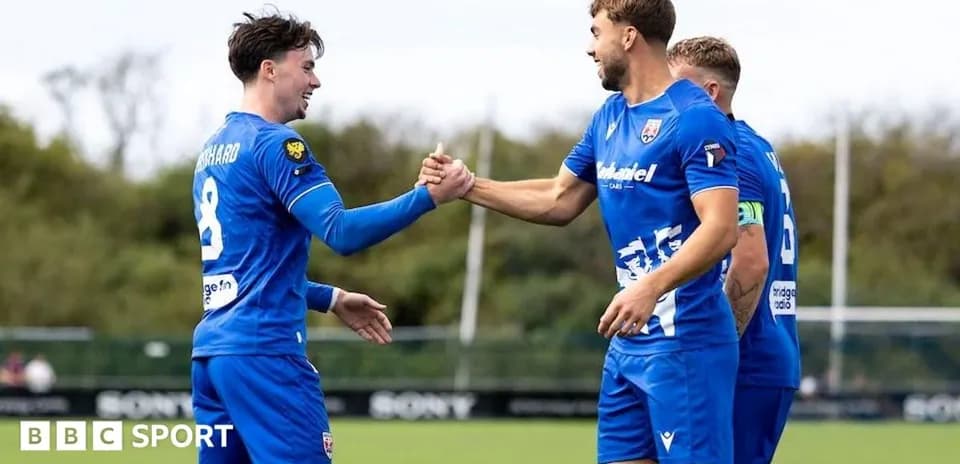 Two players celebrating with handshake on field