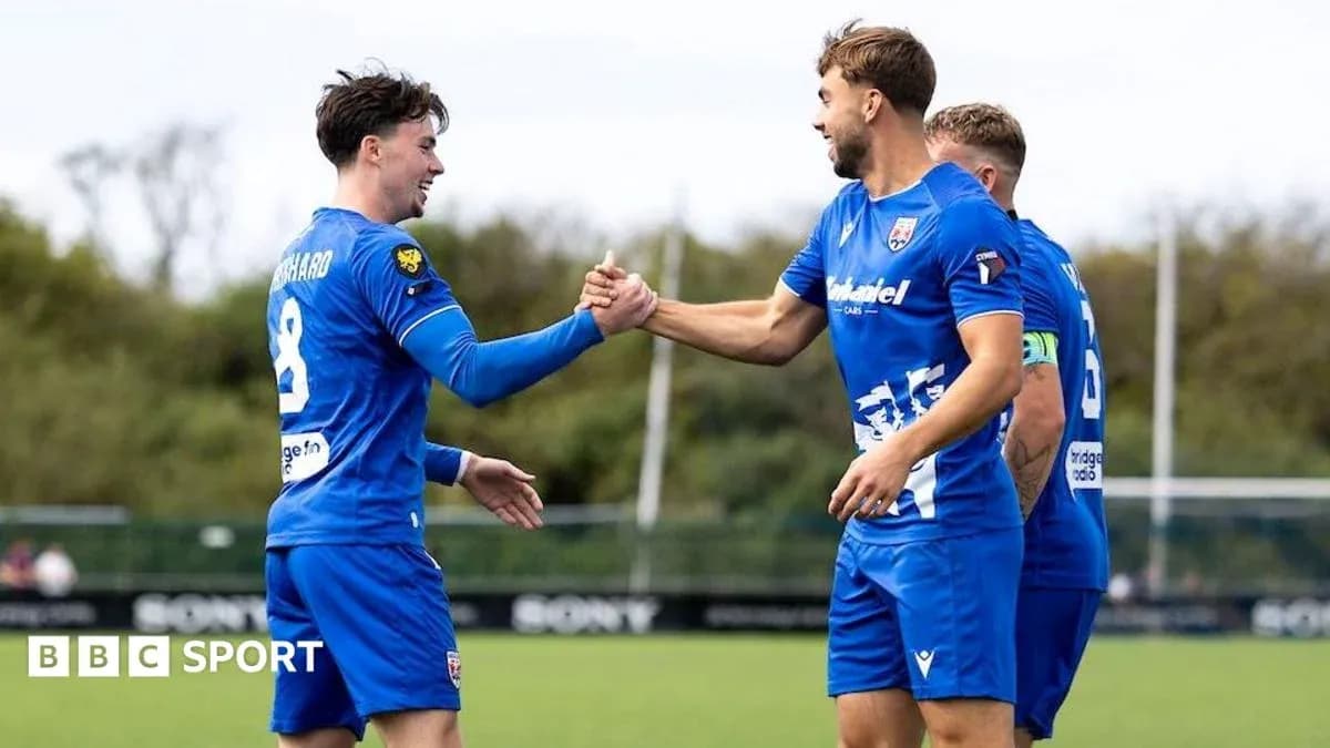Two players celebrating with handshake on field