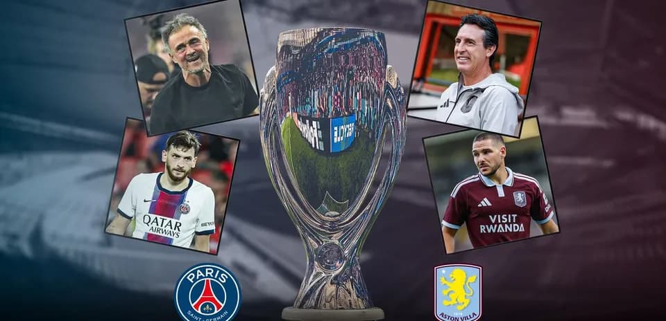 Coaches and players around the Super Cup trophy