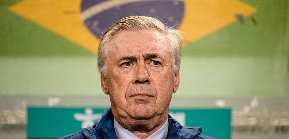 Coach with Brazil flag in background during match