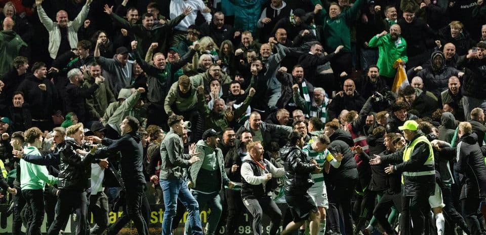 Fans celebrating with players on the pitch
