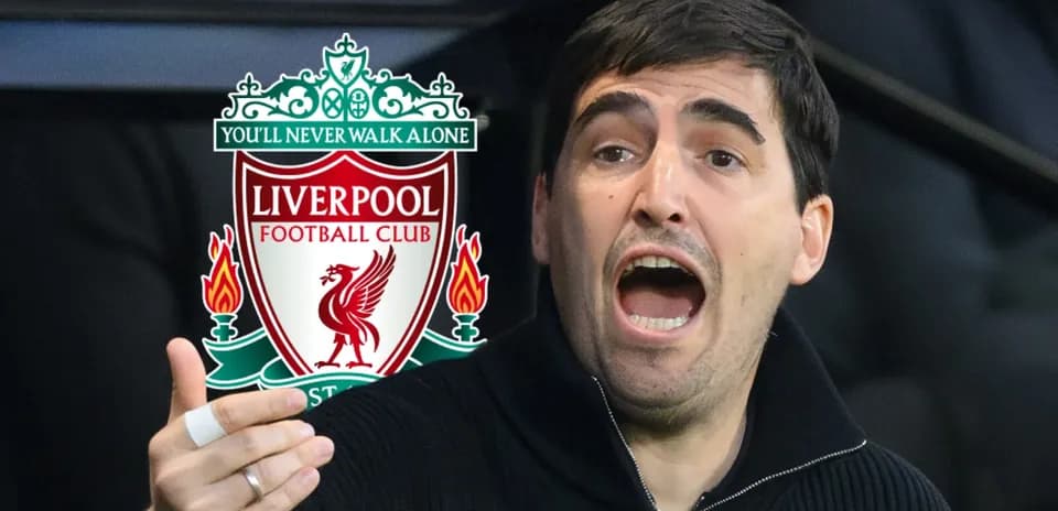 Coach gesturing passionately with Liverpool logo in background