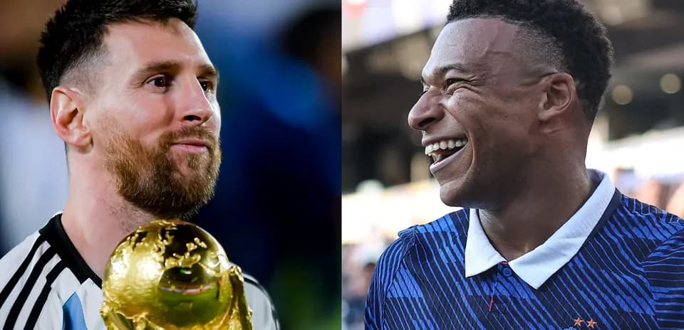 Lionel Messi holding trophy, Kylian Mbappé smiling