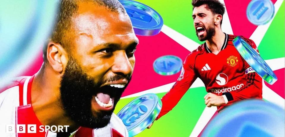 Two football players celebrating with graphic background