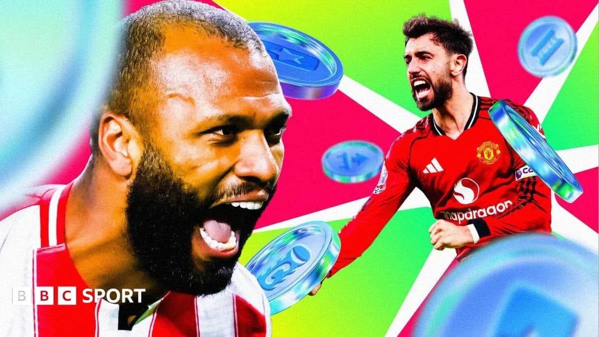 Two football players celebrating with graphic background