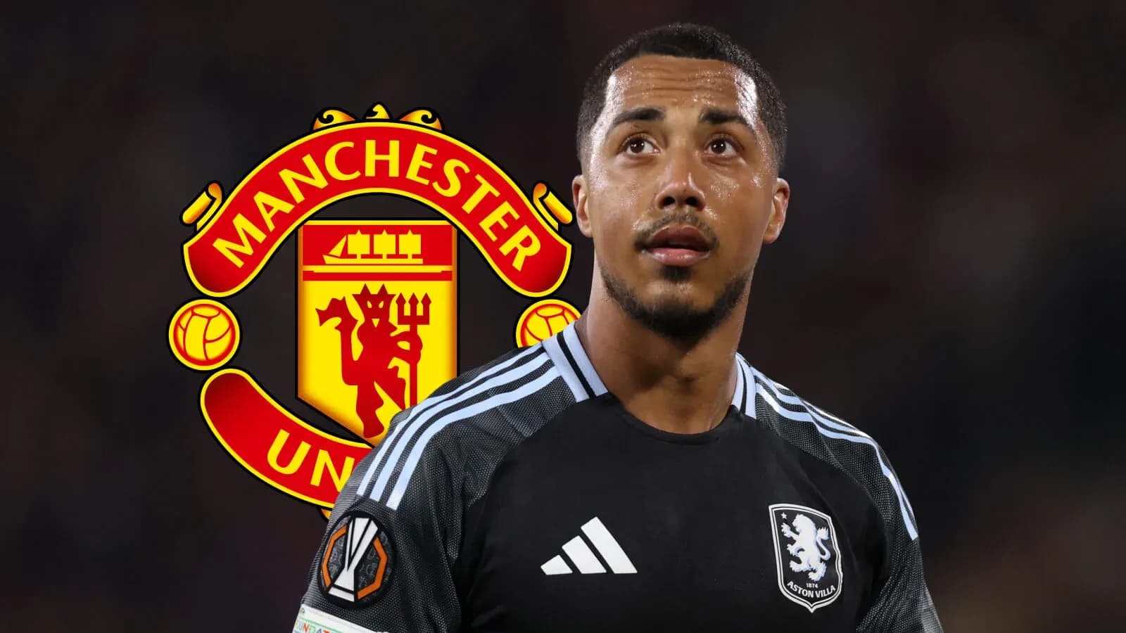 Aston Villa player with Manchester United logo background