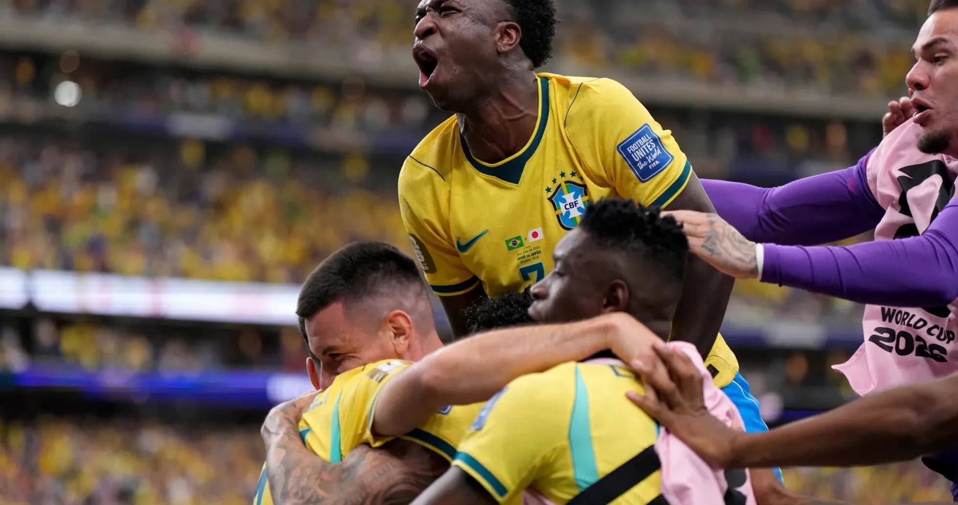 Brazil players celebrating a goal during match