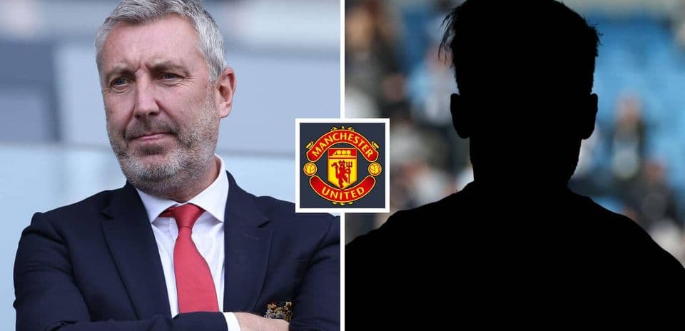 Manchester United logo with silhouette of player