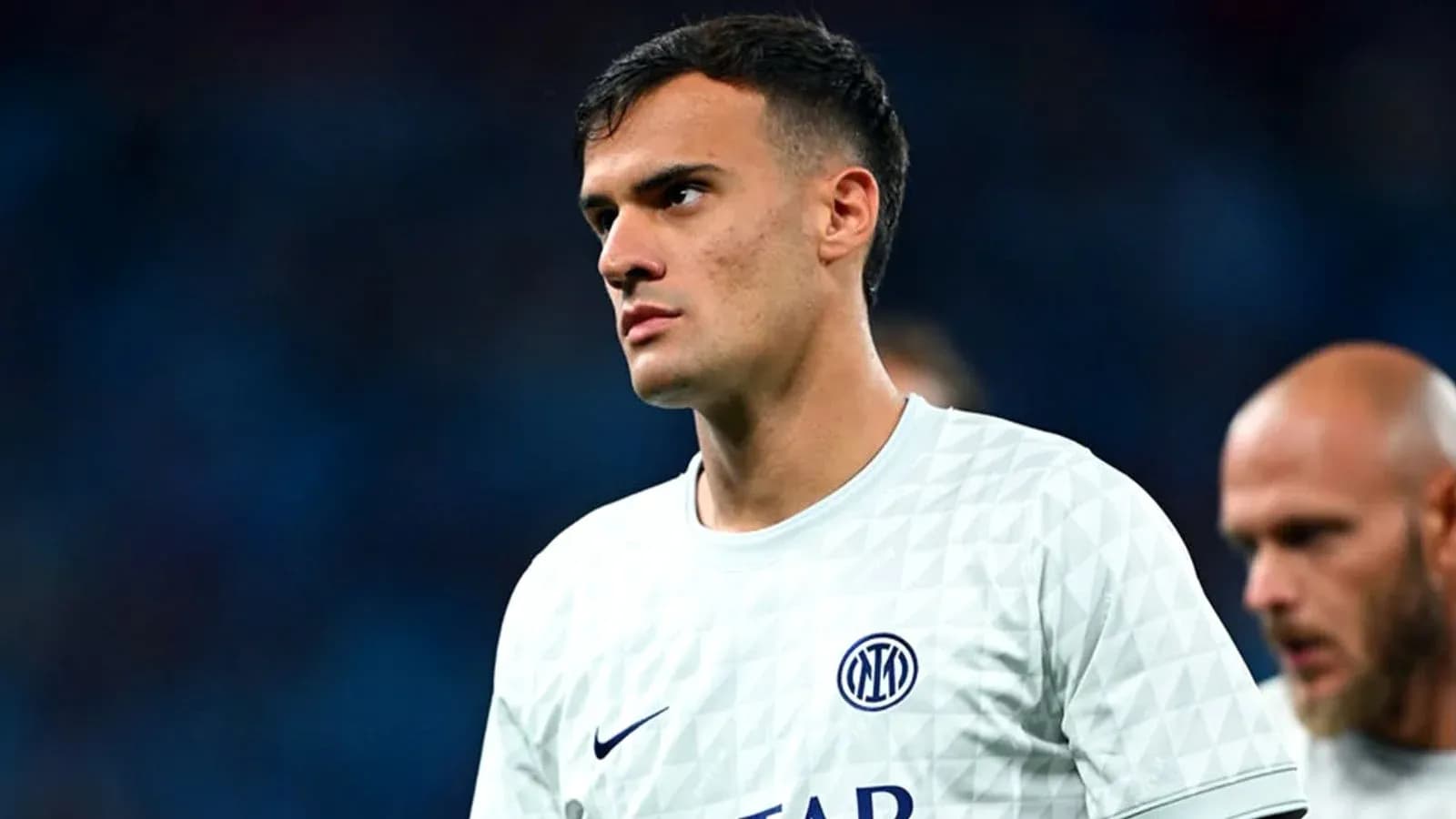 Player in Inter Milan kit during match warm-up