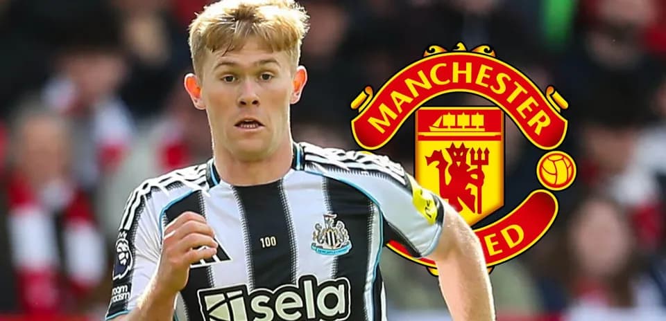 Newcastle player running with Manchester United logo overlay