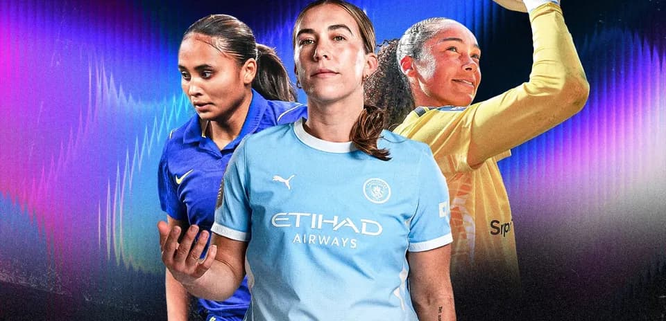 Three female soccer players in action poses