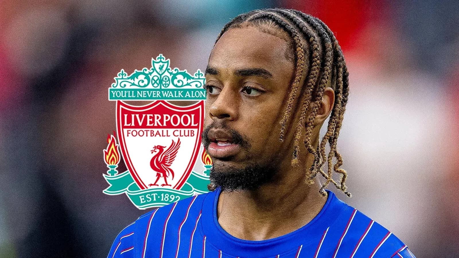 Player in blue jersey with Liverpool logo background