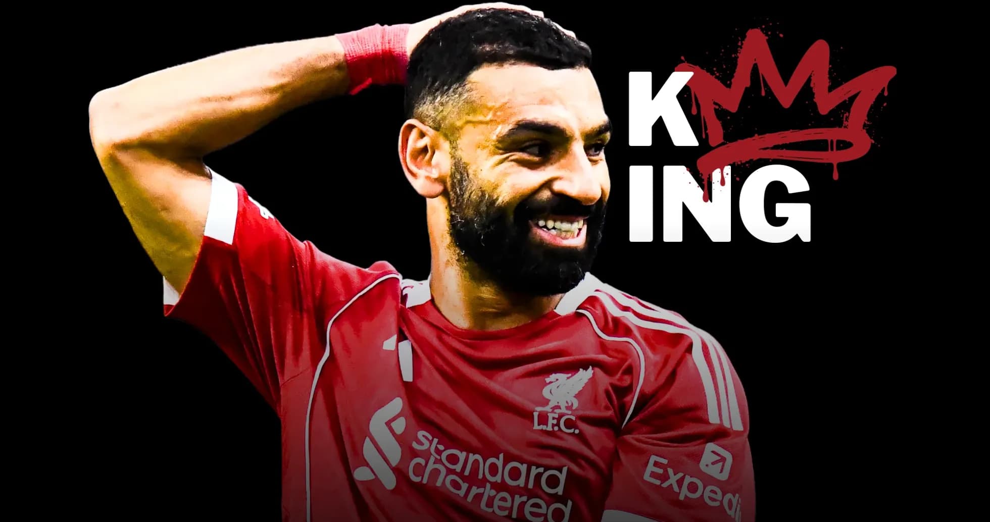 Player celebrating in Liverpool jersey with text 'KING'