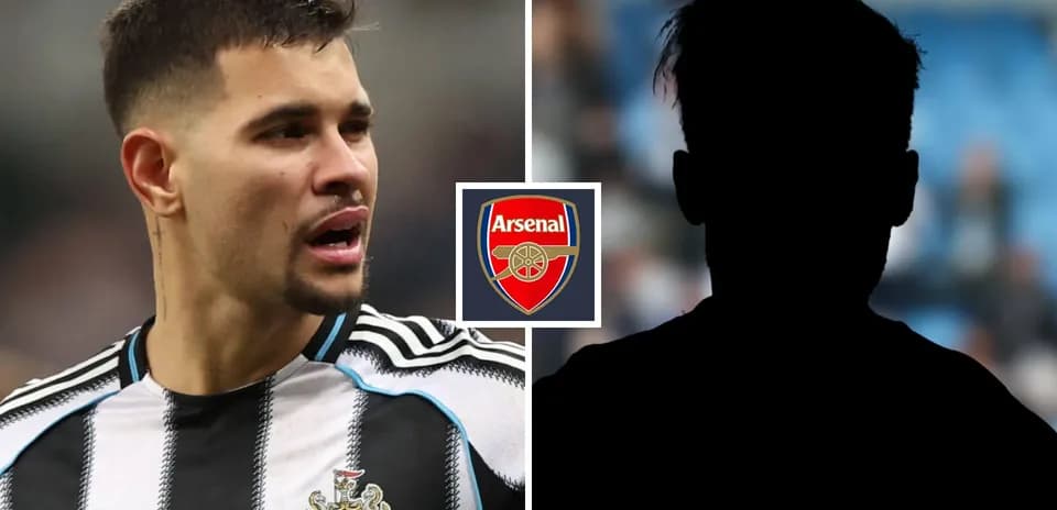Newcastle player speaking with Arsenal logo background