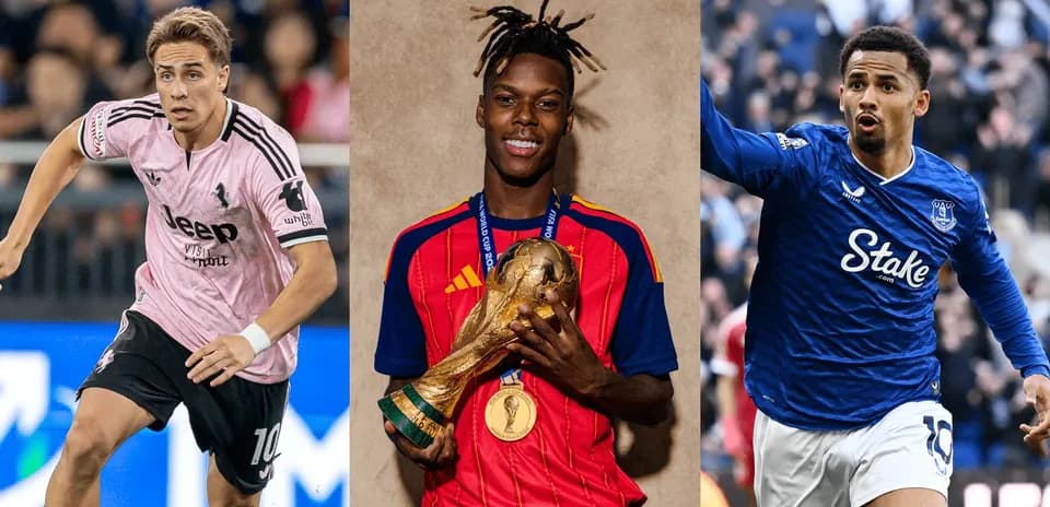 Three soccer players in action and posing with trophy