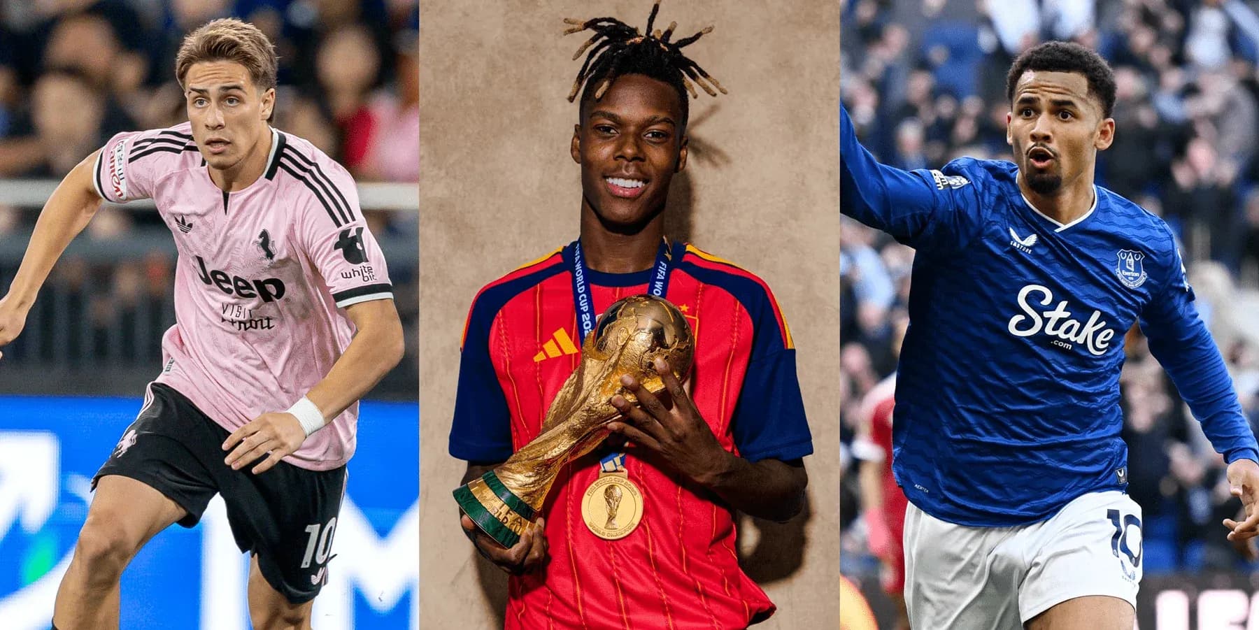 Three soccer players in action and posing with trophy