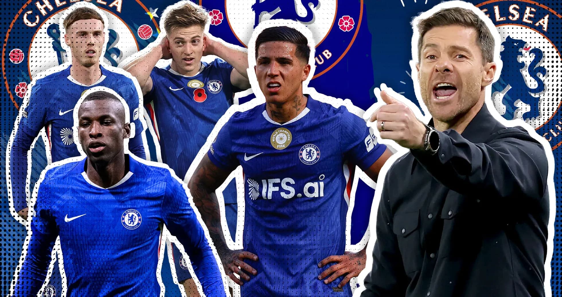 Chelsea players and coach in dynamic graphic montage