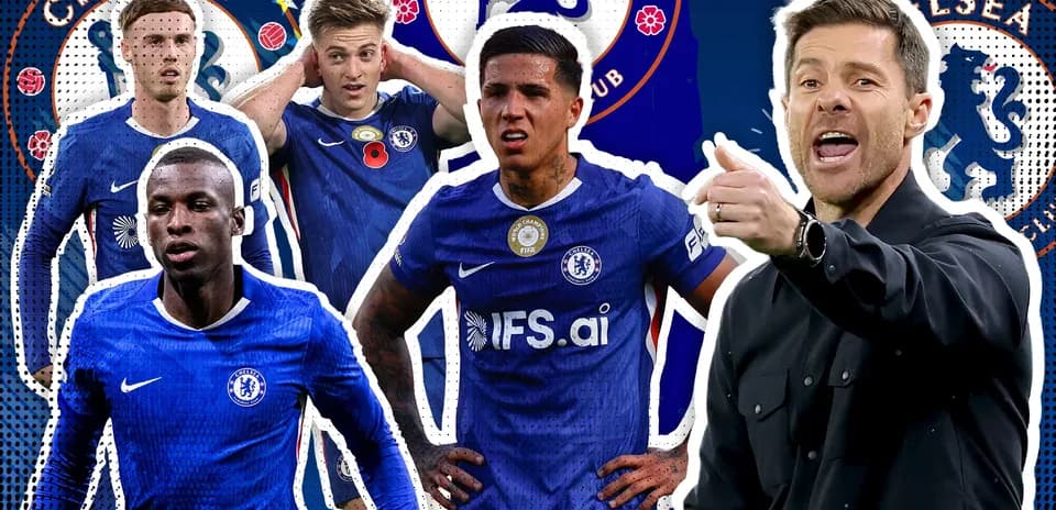 Chelsea players and coach in dynamic graphic montage