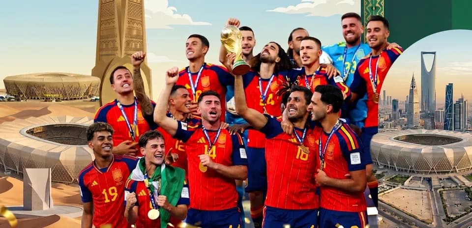 Spain national team celebrating with the World Cup trophy